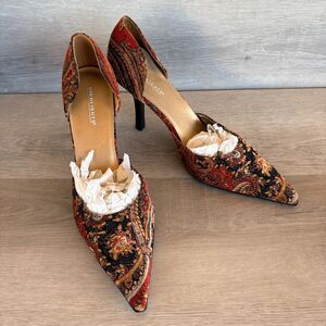 Highlights Vintage Womans Shoes Payless Pointed Toe Paisley Fabric Heel Size 9.5